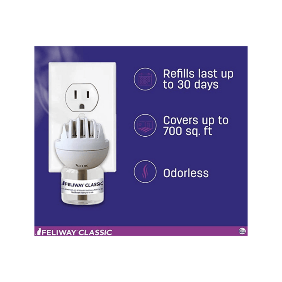 Feliway Classic refills last up to 30 days, covers 700 square feet, odorless