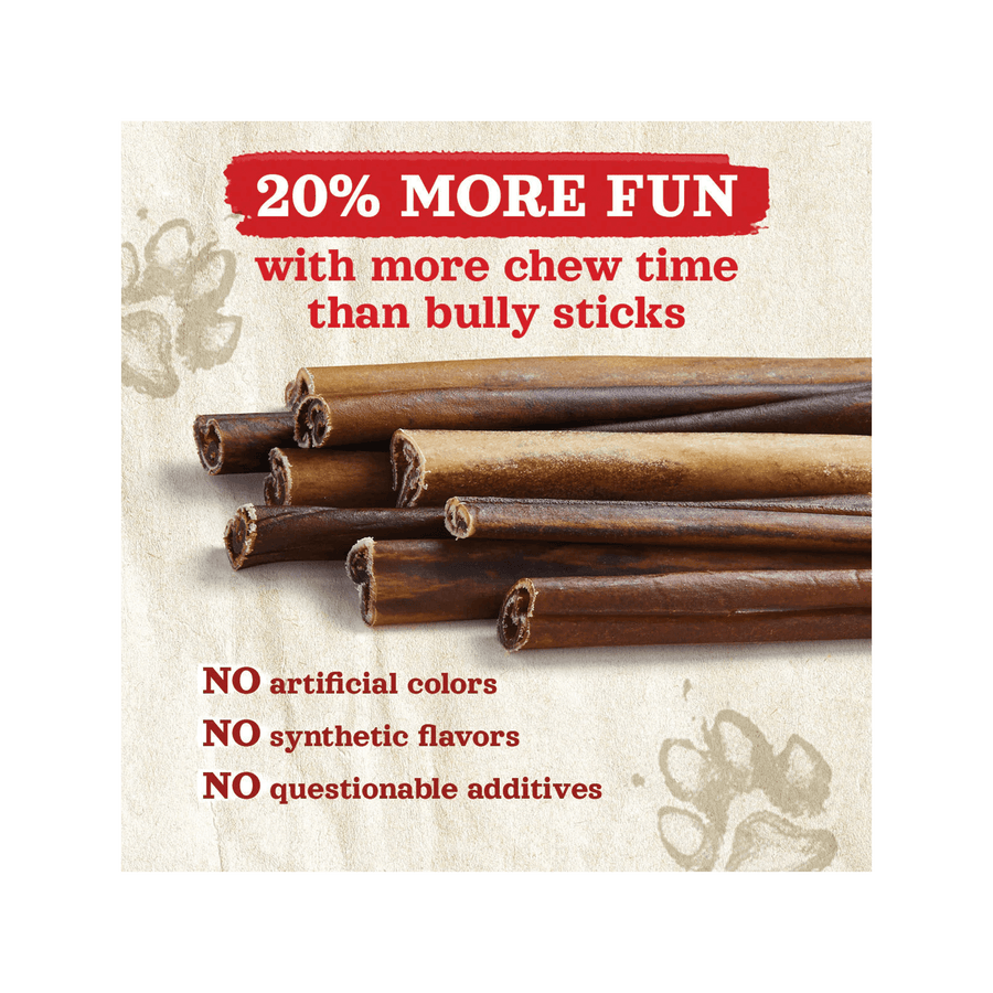 Natural Farm Collagen chews  are 20% more fun with more chew time than bully sticks