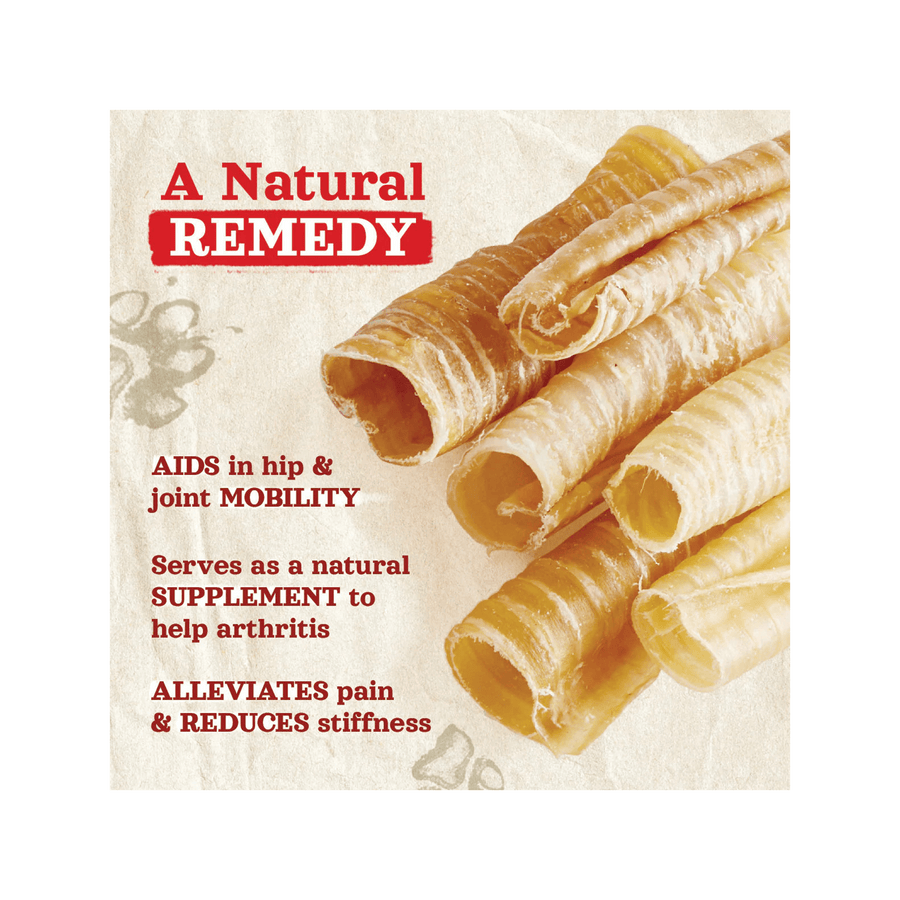 Natural Farm Beef Trachea Chews aids in hip and joint mobility. Serves as a natural supplement to help arthritis. Alleviates pain and reducers stiffness
